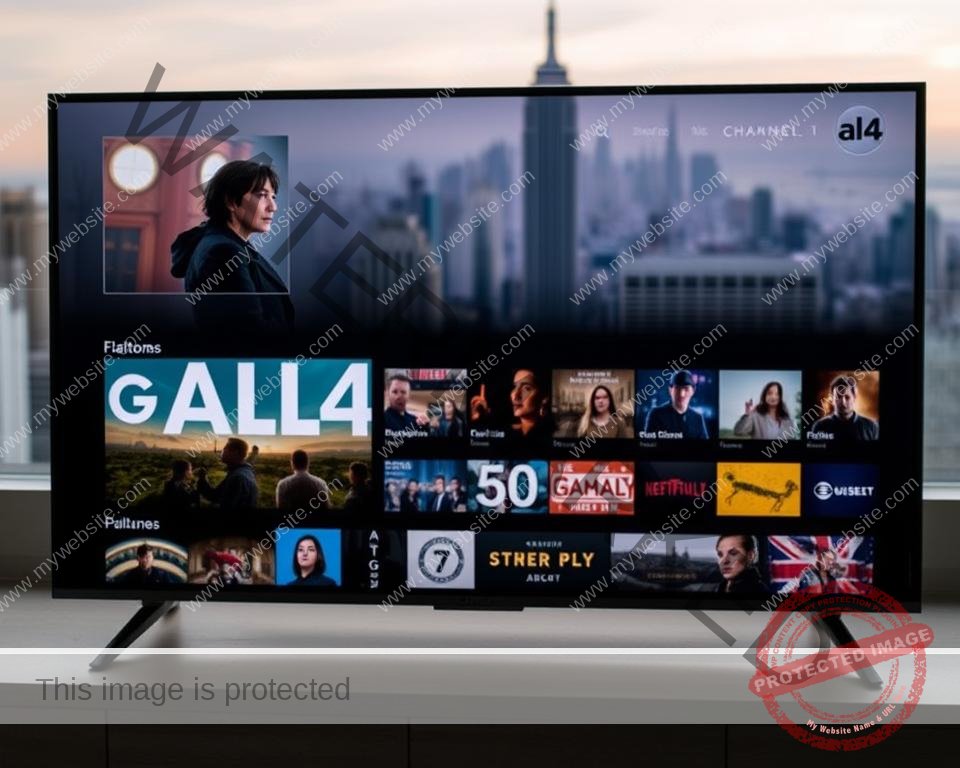 A sleek and modern streaming service interface showcasing the diverse content of All4 from Channel 4. The foreground features a clean, minimalist design with a large hero image highlighting a captivating program. The middle ground displays a grid of thumbnails representing the breadth of shows, documentaries, and films available. In the background, a soft, out-of-focus cityscape hints at the service's availability across devices and platforms. The overall atmosphere conveys a sense of sophistication, accessibility, and the promise of engaging, high-quality entertainment for every viewer.