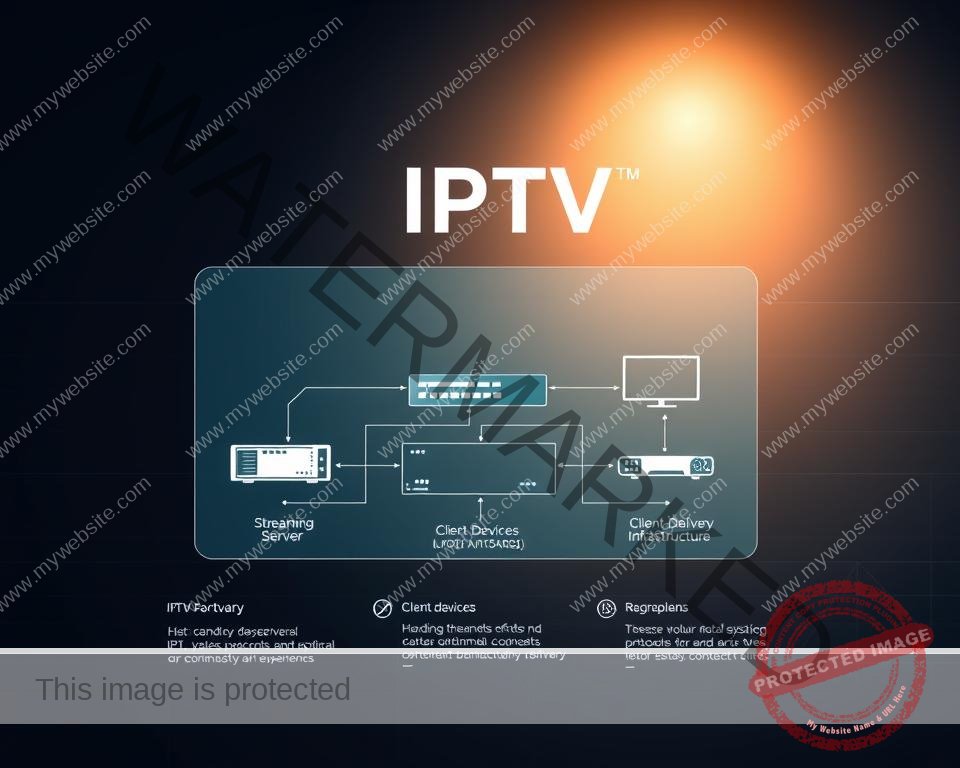 A sleek and modern technical diagram showcasing the core IPTV system components. In the foreground, a high-resolution schematic displays the interconnected hardware and software elements required for an optimal IPTV experience, including a streaming server, client devices, network infrastructure, and content delivery protocols. The middle ground features clean typography highlighting key technical specifications and system requirements. The background maintains a minimalist aesthetic with subtle grid patterns and geometric shapes, conveying a sense of technological sophistication. Soft lighting casts a warm glow, creating depth and clarity for the detailed technical information. The overall composition strikes a balance between form and function, making the critical IPTV setup accessible and visually compelling.