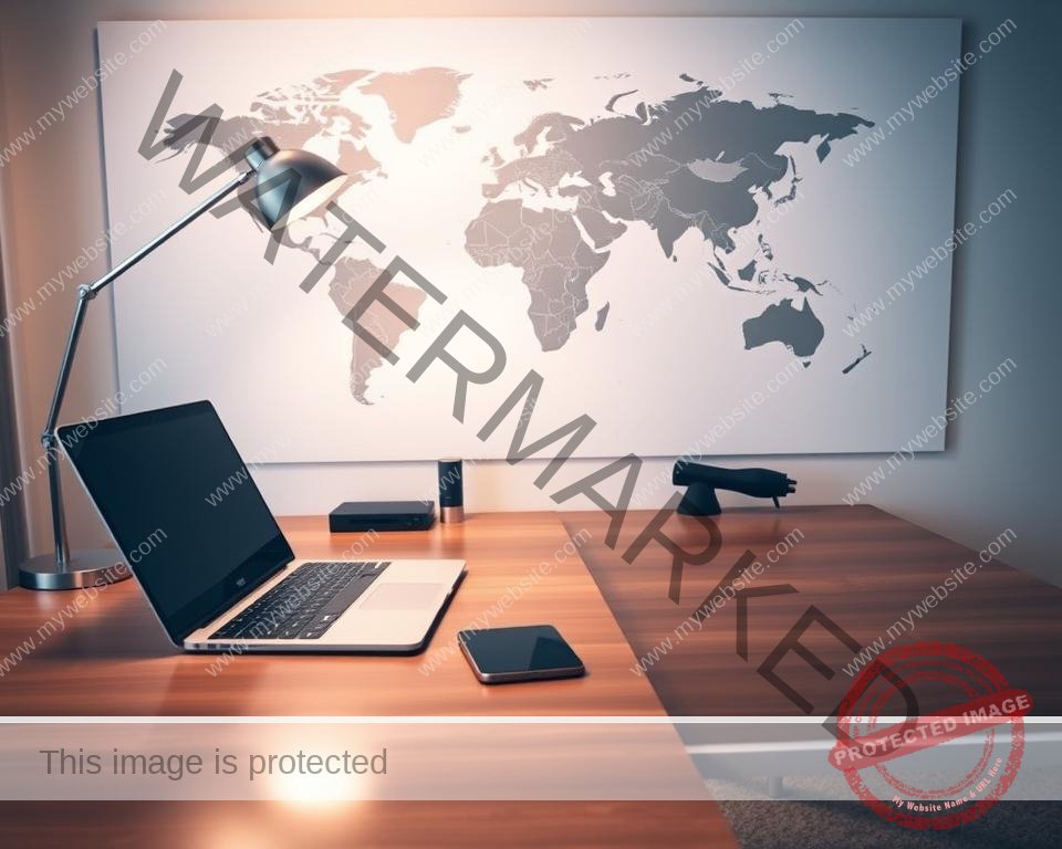 A sleek, contemporary home office setup with a laptop, tablet, and smartphone prominently displayed. The desk is made of polished wood, with a minimalist lamp and a few organizational items. The background features a large, stylized world map, hinting at the global nature of IPTV services. Soft, directional lighting creates a warm, professional atmosphere, while the overall composition suggests a step-by-step process for IPTV activation in the UK.