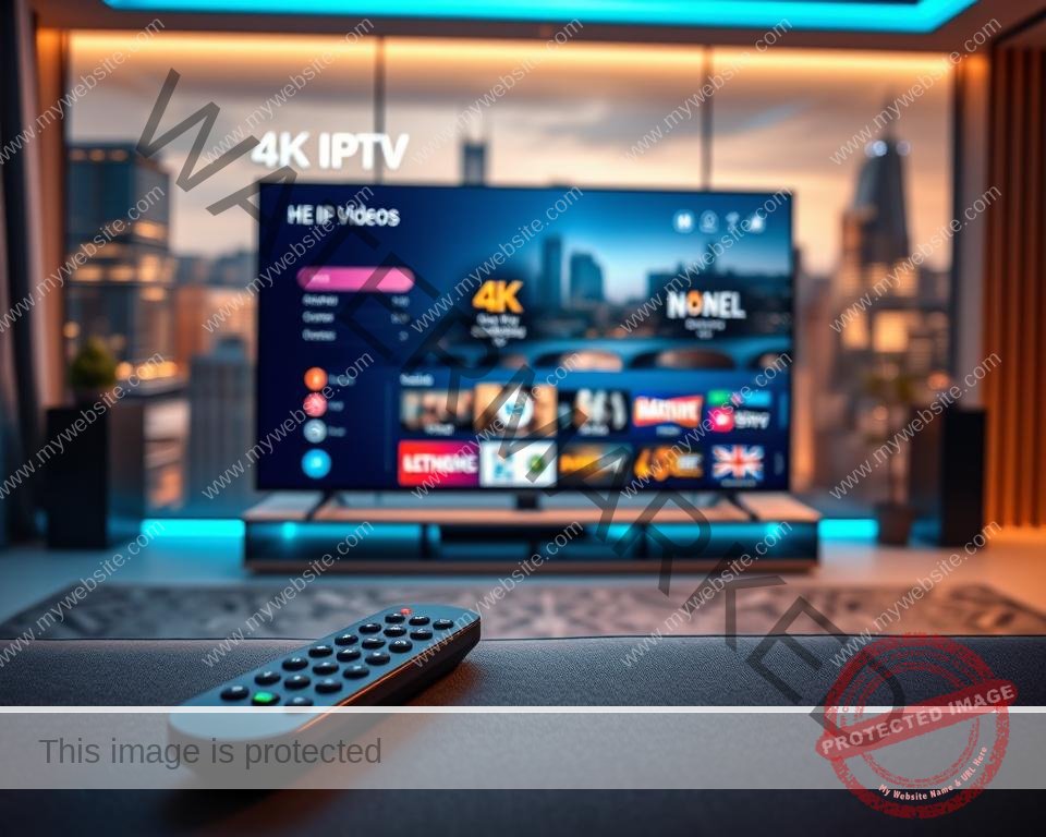 A sleek, high-tech 4K media center display showcasing the UI of a premium UK IPTV service. In the foreground, a minimalist remote control and a modern smart TV set. The middle ground features the IPTV service's intuitive interface, highlighting 4K video quality, an extensive channel lineup, and seamless streaming capabilities. The background has a blurred city skyline, conveying the service's urban sophistication and global connectivity. The lighting is warm and inviting, with subtle blue accents evoking a premium, futuristic aesthetic. Captured with a wide-angle lens to emphasize the display's scale and cinematic impact.