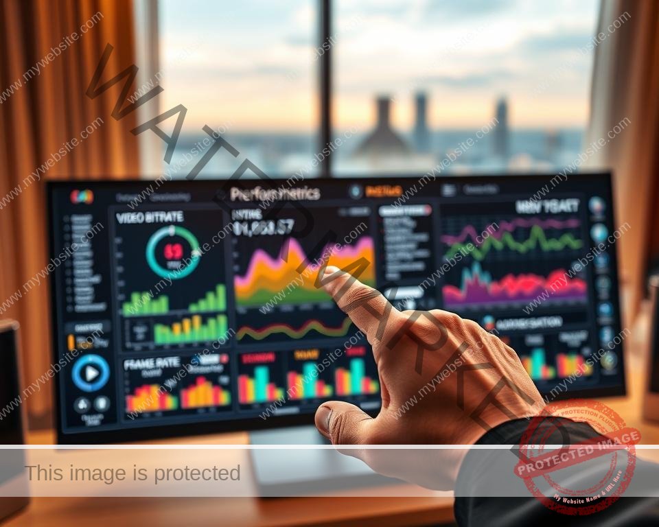 A sleek, high-tech control panel displays real-time streaming performance metrics. Vibrant, colorful graphs and charts illustrate video bitrate, frame rate, resolution, and other crucial data. In the foreground, a hand gestures towards the panel, inviting the viewer to analyze the insights. The background features a softly blurred cityscape, hinting at the broader context of home entertainment and media consumption. Warm, directional lighting casts a professional, authoritative atmosphere, while a slight depth of field focuses the eye on the analytical information. The overall scene conveys a sense of technological sophistication and data-driven decision making for optimizing streaming quality.