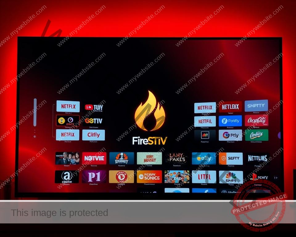 A sleek, modern Firestick IPTV app interface, displayed on a high-definition TV screen. The app's logo, a stylized fire icon, stands prominently in the center, surrounded by a grid of colorful channel icons. The screen is bathed in a warm, orange-red glow, evoking the feeling of a cozy, immersive home entertainment experience. The interface is clean and intuitive, with clear, easy-to-navigate menus and a responsive, seamless user experience. The scene is captured from a slightly elevated angle, providing a cinematic, bird's-eye view of the app in action, showcasing its versatility and the wide range of content available to the user.