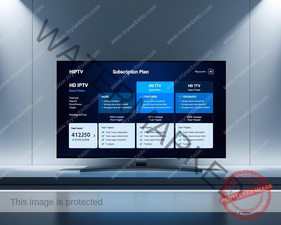 A sleek, modern HDTV display prominently showcasing HD IPTV subscription plans. The screen is set against a minimalist, futuristic backdrop with clean lines and a cool, metallic color scheme. The subscription plans are neatly organized, with clear pricing tiers and feature breakdowns highlighted in a professional, easy-to-navigate interface. Soft, directional lighting illuminates the display, creating depth and dimension. The overall composition conveys a sense of high-end technology, premium entertainment, and seamless user experience.