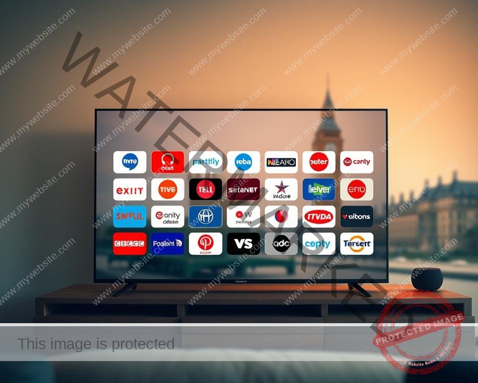 A sleek, modern IPTV dashboard showcasing a variety of popular UK television channels. The interface features a clean, minimalist design with a grid layout of channel logos prominently displayed. The background is a blurred cityscape of London landmarks, conveying the UK focus. Warm, soft lighting creates a cozy, inviting atmosphere. The composition is balanced, with the channel grid taking up the central focus, surrounded by negative space. The image has a high-resolution, photo-realistic quality, captured through a wide-angle lens to showcase the breadth of content available. An intuitive, user-friendly IPTV experience tailored for UK viewers.
