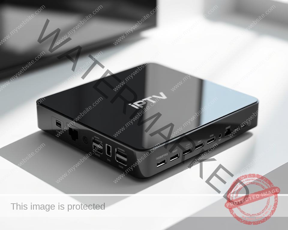 A sleek, modern IPTV device prominently displayed on a minimalist white background. The device has a glossy black casing with sharp edges, accentuating its premium design. Crisp, high-resolution rendering showcases the device's various ports and connections, highlighting its compatibility with a wide range of entertainment systems. Soft, directional lighting casts subtle shadows, creating depth and emphasizing the device's clean, contemporary aesthetic. The background is subtly blurred, keeping the focus on the central IPTV device and its technical capabilities.