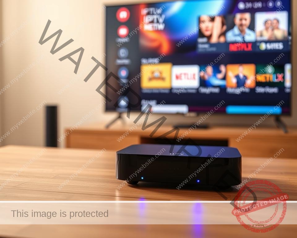 A sleek, modern IPTV device sits prominently on a minimalist wooden table, its LED indicator lights glowing softly. In the background, a large smart TV displays a vibrant, high-definition interface showcasing a selection of IPTV channels and services available for a free trial in the UK. The environment is bathed in warm, diffused lighting, creating a welcoming and inviting atmosphere. The overall scene conveys the simplicity and accessibility of unlocking IPTV entertainment with a free trial account in the United Kingdom.