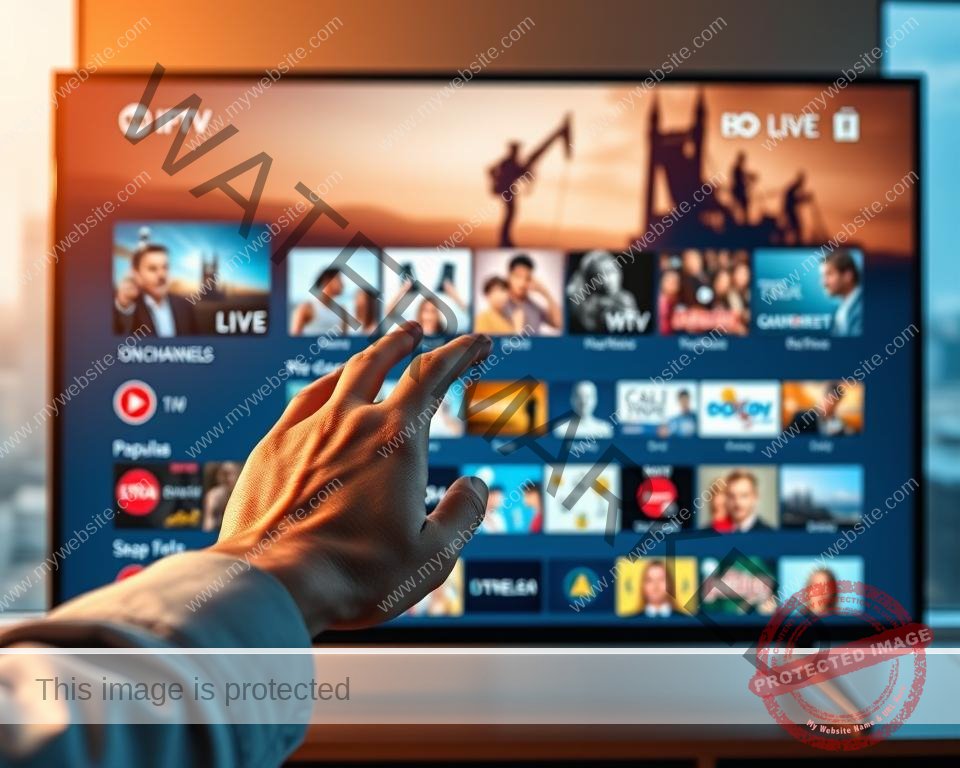 A sleek, modern IPTV interface displayed on a large TV screen, showcasing a curated selection of popular live TV channels and on-demand content. The interface features a clean, minimalist design with intuitive navigation menus and high-resolution thumbnails. The screen is illuminated by warm, natural lighting, creating a cozy and inviting atmosphere. In the foreground, a user's hand is elegantly interacting with the interface, highlighting the seamless and reliable user experience. The background features a blurred cityscape, hinting at the global reach and accessibility of the IPTV service. The overall scene conveys a sense of professionalism, quality, and the ability to provide a superior streaming experience.