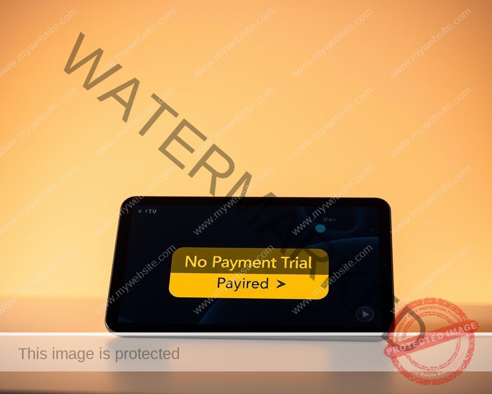 A sleek, modern IPTV interface with a prominent "No Payment Trial" call-to-action button against a clean, minimalist background. The interface is displayed on a high-resolution tablet or smartphone, showcasing the ease of access and user-friendly design. The scene is bathed in warm, diffused lighting, creating a inviting and premium atmosphere. The overall composition is balanced, with the device positioned centrally and the interface elements arranged intuitively to draw the viewer's attention to the trial offer.