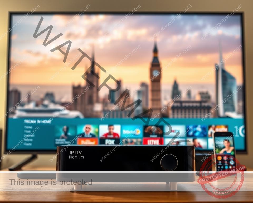 A sleek, modern IPTV service with a clean, intuitive interface. In the foreground, a streaming device or smart TV displays a selection of premium channels and on-demand content. The middle ground showcases a variety of devices, from set-top boxes to mobile phones, highlighting the service's cross-platform compatibility. The background features a cityscape, representing the UK's vibrant digital landscape. The lighting is soft and warm, conveying a sense of comfort and convenience. The overall composition emphasizes the seamless integration of IPTV technology into the modern home and on-the-go lifestyles.