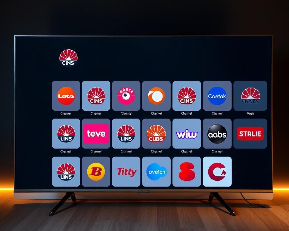 A sleek, modern IPTV user interface showcasing a grid of vibrant UK channel logos against a dark, minimalist background. The layout is clean and intuitive, with smooth transitions and a responsive, touch-friendly design. Subtle ambient lighting casts a warm glow, creating a cozy, living room atmosphere. The interface seamlessly blends form and function, prioritizing easy navigation and a visually striking aesthetic that complements the content. High-resolution channel icons are displayed with crisp detail, inviting the user to explore the robust selection of UK programming.