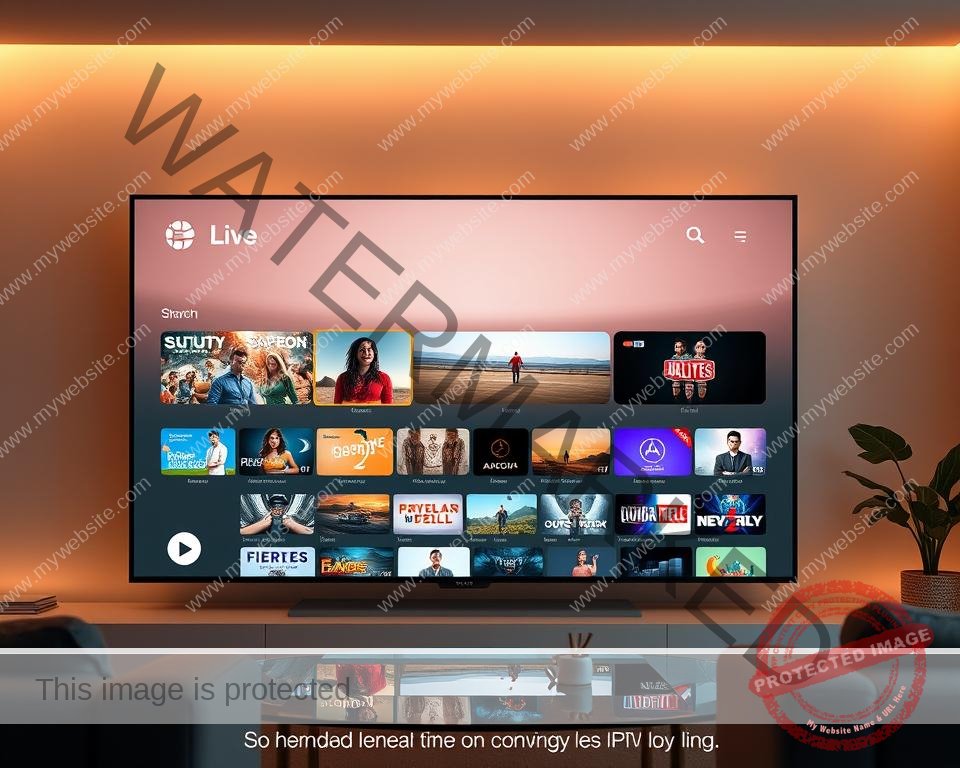 A sleek, modern IPTV user interface with a clean, minimalist design. The main screen features a grid of thumbnails showcasing a variety of live TV channels and on-demand content, presented with sharp, high-definition visuals. The interface is bathed in a warm, inviting lighting, creating a cozy, living room-like atmosphere. The layout is intuitive and user-friendly, with clear categorization and simple navigation controls, allowing the viewer to effortlessly browse and select their desired programming. Subtle gradients and soft shadows add depth and dimension to the design, while a muted color palette of grays, blues, and whites exudes a sense of sophistication and elegance.
