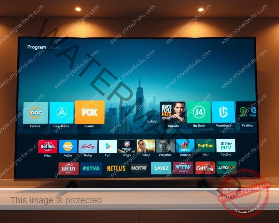 A sleek, modern IPTV user interface with a clean, minimalist design. The main screen features a grid of high-definition channel logos, each displayed in crisp, vibrant colors. In the middle ground, a prominent program guide shows the current and upcoming shows, with intuitive controls for navigation. The background showcases a subtle, soft-focus cityscape, hinting at the global reach of the IPTV service. The lighting is warm and inviting, creating a sense of comfort and ease of use. The camera angle is slightly elevated, providing an overview of the interface's elegant layout and thoughtful user experience.