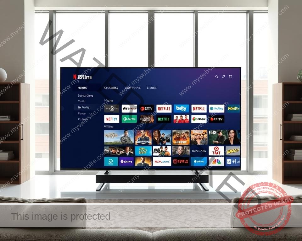 A sleek, modern TV screen displaying a comprehensive IPTV channel lineup. The screen is positioned in a well-lit, minimalist living room setting, with soft, natural lighting filtering in through large windows. The channel lineup is organized into distinct sections, each with its own visual identifier, making it easy to navigate the diverse content offerings. The overall design is clean, intuitive, and visually appealing, reflecting the high-quality entertainment experience promised by the IPTV service. The image conveys a sense of excitement and anticipation, inviting the viewer to explore the vast array of entertainment possibilities at their fingertips.