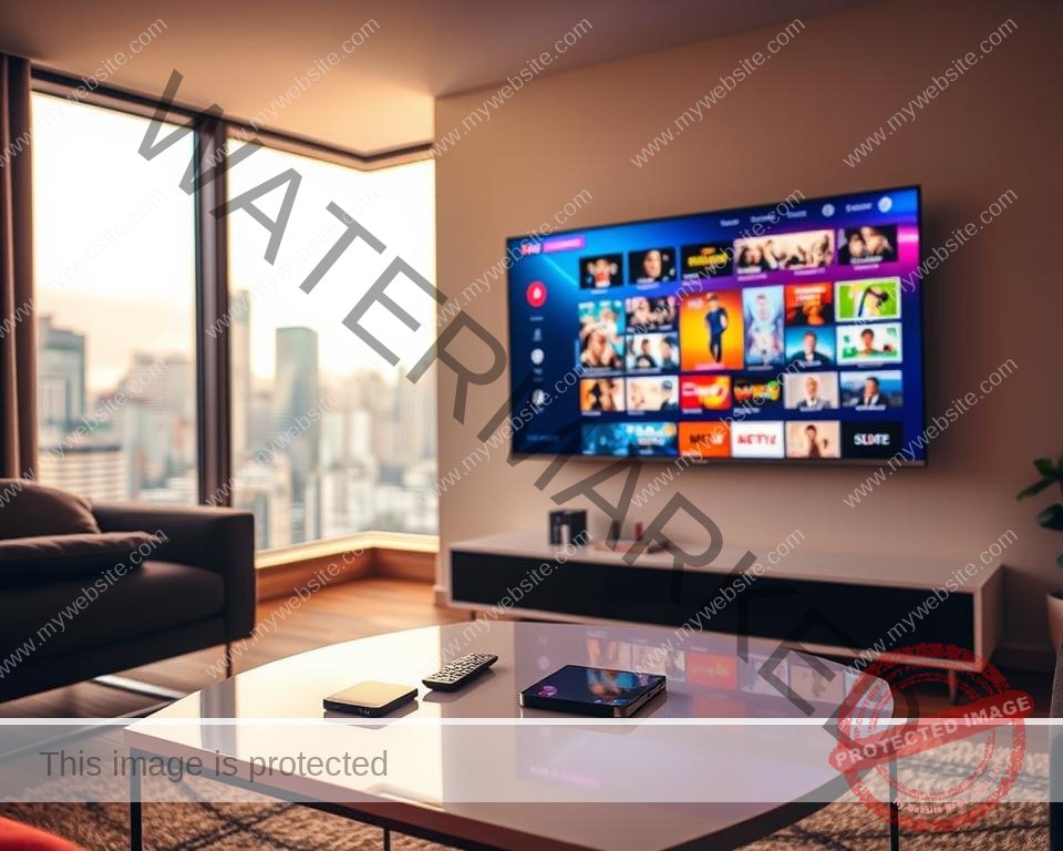 A sleek, modern apartment interior with a large flat-screen TV mounted on the wall. The TV is displaying a vibrant and immersive live TV interface, showcasing a diverse array of channels and on-demand content. Warm, diffused lighting illuminates the scene, creating a cozy and inviting atmosphere. In the foreground, a chic, minimalist coffee table with a remote control and a smartphone, symbolizing the convenience of affordable IPTV streaming in the UK. The background features a large window overlooking a bustling city skyline, hinting at the wide accessibility and connectivity of this home entertainment solution.