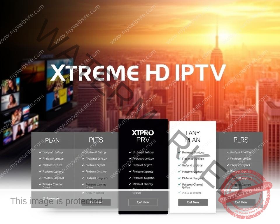 A sleek, modern design showcasing the Xtreme HD IPTV subscription plans. In the foreground, a grid layout presents various plan options, each with clear pricing, package details, and feature icons. The middle ground features subtle product shots and lifestyle imagery, conveying the premium quality and entertainment value of the service. In the background, a vibrant, high-definition cityscape scene sets the tone, hinting at the extensive channel lineup and global reach of the Xtreme HD IPTV platform. Warm lighting and a clean, minimalist aesthetic create an aspirational, high-tech ambiance.