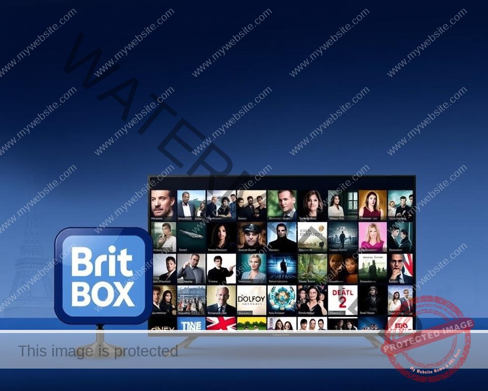 A sleek, modern illustration depicting the BritBox IPTV service for the UK market. In the foreground, a stylized logo or icon representing the BritBox brand, rendered in a bold, visually striking manner. In the middle ground, a grid or mosaic of high-quality thumbnails showcasing a diverse range of British television content available through the platform, including popular dramas, comedies, documentaries, and more. The background features a subtle, minimalist cityscape or skyline, hinting at the broad reach and comprehensive nature of the BritBox UK content library. The overall composition should convey a sense of quality, sophistication, and the breadth of entertainment options available to UK viewers through this leading IPTV service.