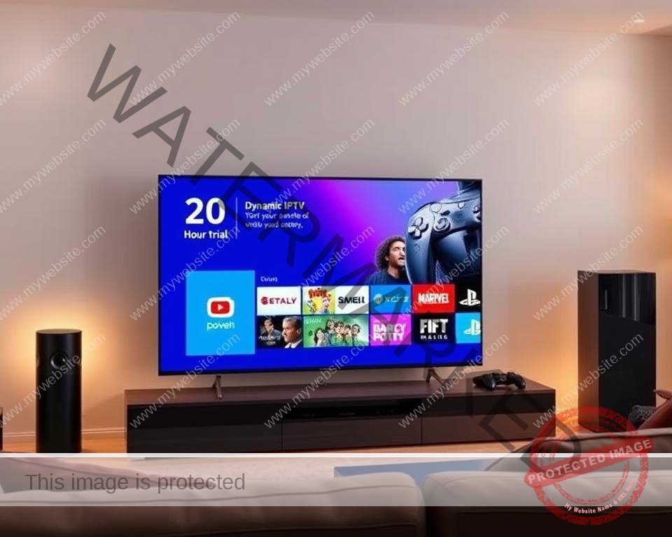A sleek, modern living room with a large TV screen displaying a dynamic IPTV interface. The screen showcases a 24-hour trial offer for a premium UK IPTV service, featuring a clean and intuitive design. The room is well-lit, with soft, warm lighting creating a cozy atmosphere. A high-end entertainment system, including a smart speaker and gaming console, is visible in the background, hinting at the advanced capabilities of the IPTV service. The image conveys a sense of convenience, accessibility, and the potential to unlock a vast library of content with just a 24-hour trial.
