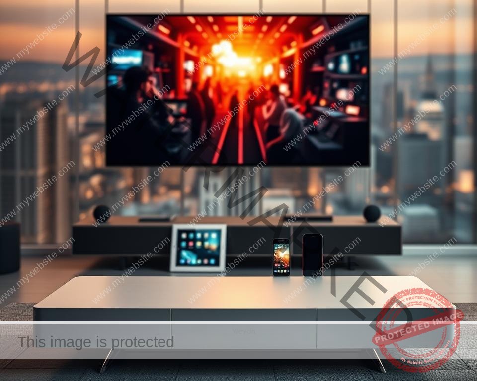 A sleek, modern media console sits in the foreground, its clean lines and minimalist design reflecting the elegant aesthetic of a high-end streaming service. Suspended above it, a large, high-definition display shows a vibrant, cinematic scene, immersing the viewer in a world of captivating entertainment. The middle ground features various streaming-enabled devices, such as a smart TV, a tablet, and a smartphone, each showcasing the seamless integration and accessibility of the service across multiple platforms. In the background, a softly blurred cityscape sets the scene, hinting at the global reach and expansive content library of the streaming platform. The lighting is warm and inviting, creating a cozy, immersive atmosphere that evokes the joy of unlimited entertainment at one's fingertips.