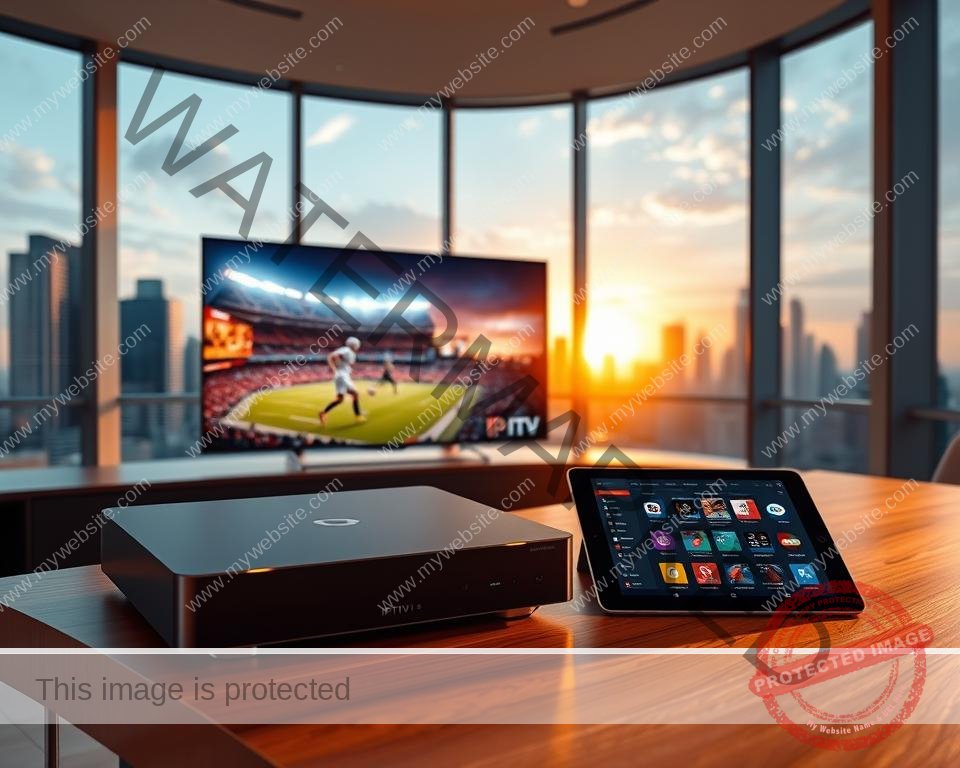 A sleek, modern office interior with large windows overlooking a city skyline. In the foreground, a high-end IPTV set-top box sits on a minimalist wooden desk, its crisp lines and metallic accents reflecting the room's warm lighting. The middle ground features a curved, ultra-high-definition TV screen displaying a vibrant, immersive visual of a live sports event, while on the desk, a tablet showcases a user-friendly IPTV service interface with a wide selection of channels and on-demand content. The background is a panoramic view of the cityscape, with skyscrapers piercing the horizon under a golden sunset sky, creating a sense of sophistication and technological prowess.