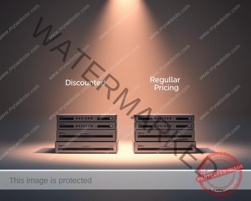 A sleek, modern product comparison display featuring two stacks of IPTV subscription packages - one stack with a "Discounted" label, the other with "Regular Pricing". The discounted stack appears larger, highlighted by a soft, warm spotlight. The regular stack is slightly smaller and dimmer. The background is a clean, minimalist studio setting with a subtle gradient from light to dark, creating depth and a sense of high-end, premium presentation. The overall mood is one of value, savings, and an elevated, sophisticated visual experience.