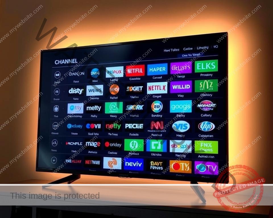 A sleek, modern television screen displaying a detailed channel lineup for Xtreme HD IPTV. The screen is backlit with a warm, cinematic glow, casting a soft light across the array of channel logos and icons. The layout is clean and visually striking, with high-definition channel names and logos arranged in a grid formation, showcasing the breadth and quality of the content library. The scene evokes a sense of anticipation and excitement, inviting the viewer to explore the diverse range of programming available through this premium streaming service.