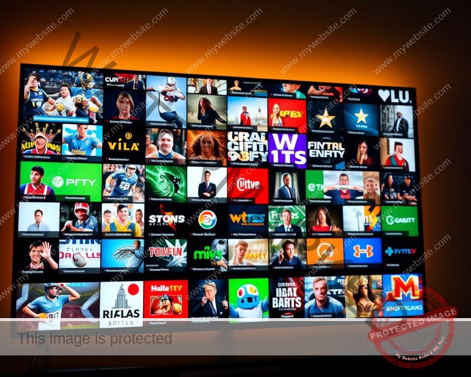 A sprawling array of high-definition IPTV channels on a sleek, modern television screen. Vibrant colors and crystal-clear resolution bring a diverse content library to life, from live sports and news to premium entertainment. The scene is bathed in a warm, cinematic lighting, creating a sense of depth and immersion. The television itself is positioned prominently, its elegant design and minimal bezels framing the captivating visual experience. In the background, subtle UI elements and channel logos subtly hint at the breadth of options available, beckoning the viewer to explore further.