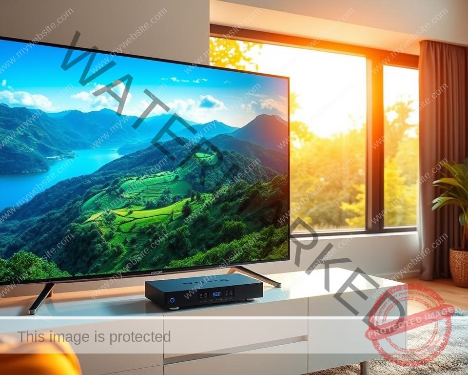 A stunning 4K UK IPTV display showcasing crystal-clear video quality and seamless streaming performance. In the foreground, a sleek smart TV screen showcases a vibrant nature documentary, the lush greens and deep blues of the landscape rendered in exceptional detail. In the middle ground, a high-end streaming device sits atop a minimalist entertainment unit, its elegant design complementing the modern living room setting. The background features a large window, letting in warm, golden sunlight that bathes the scene in a soft, cinematic glow. The overall atmosphere exudes a sense of technological sophistication and immersive entertainment, setting the stage for an unparalleled viewing experience.