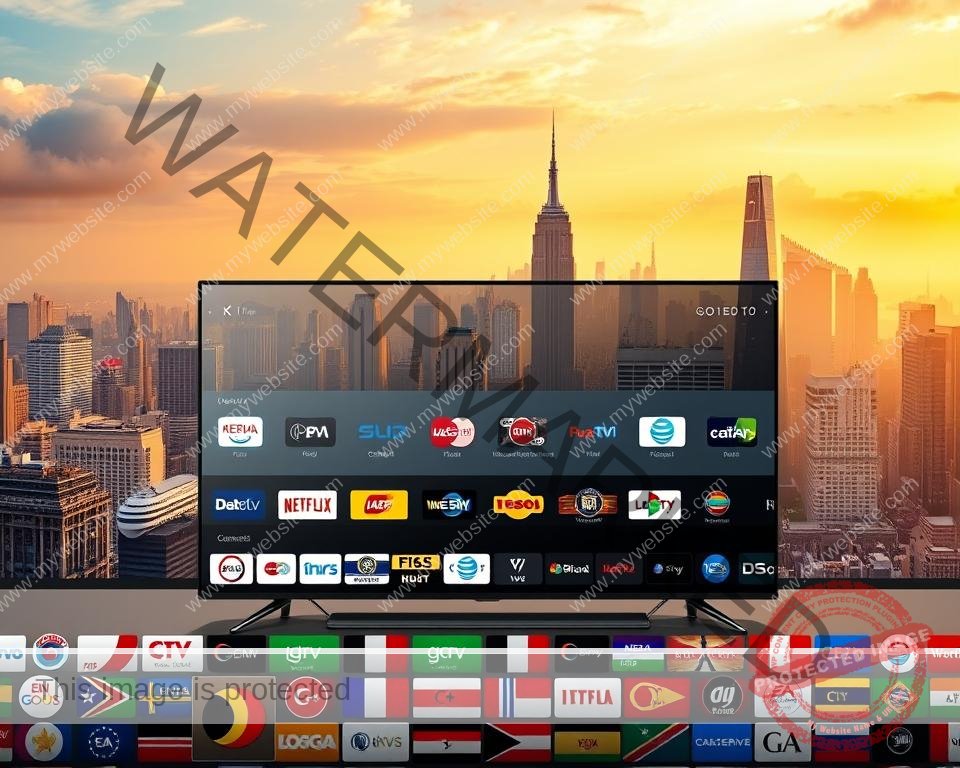 A vibrant and dynamic display of international channels on a sleek, cutting-edge IPTV interface. The foreground showcases a diverse array of channel logos from around the world, each bursting with color and energy. The middle ground features a clean, minimalist platform design with intuitive navigation controls, creating a seamless user experience. In the background, a stunning cityscape of skyscrapers and landmarks from various global destinations, bathed in a warm, golden hue that evokes a sense of connectivity and worldliness. The overall composition conveys the idea of GlobalTV IPTV as a gateway to a vast, interconnected world of entertainment and cultural exploration.
