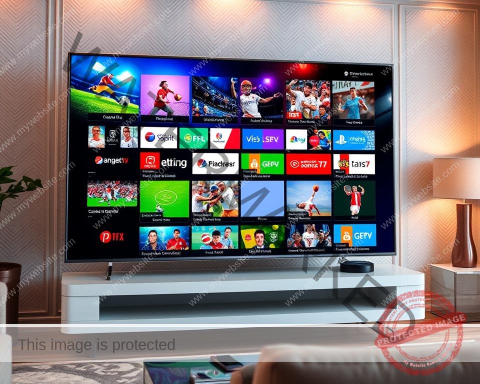 A vibrant and visually engaging image showcasing an array of sports channels on a high-definition television screen. The foreground depicts the screen itself, displaying a diverse selection of live sports events, including football, basketball, tennis, and more, each with its own distinct branding and graphics. The middle ground features a sleek, modern television set with a minimalist design, positioned in a stylish living room setting. The background subtly hints at a cozy and inviting atmosphere, with warm lighting, subtle patterns, and hints of contemporary decor. The overall scene conveys a sense of excitement, anticipation, and the promise of endless entertainment for the viewer.