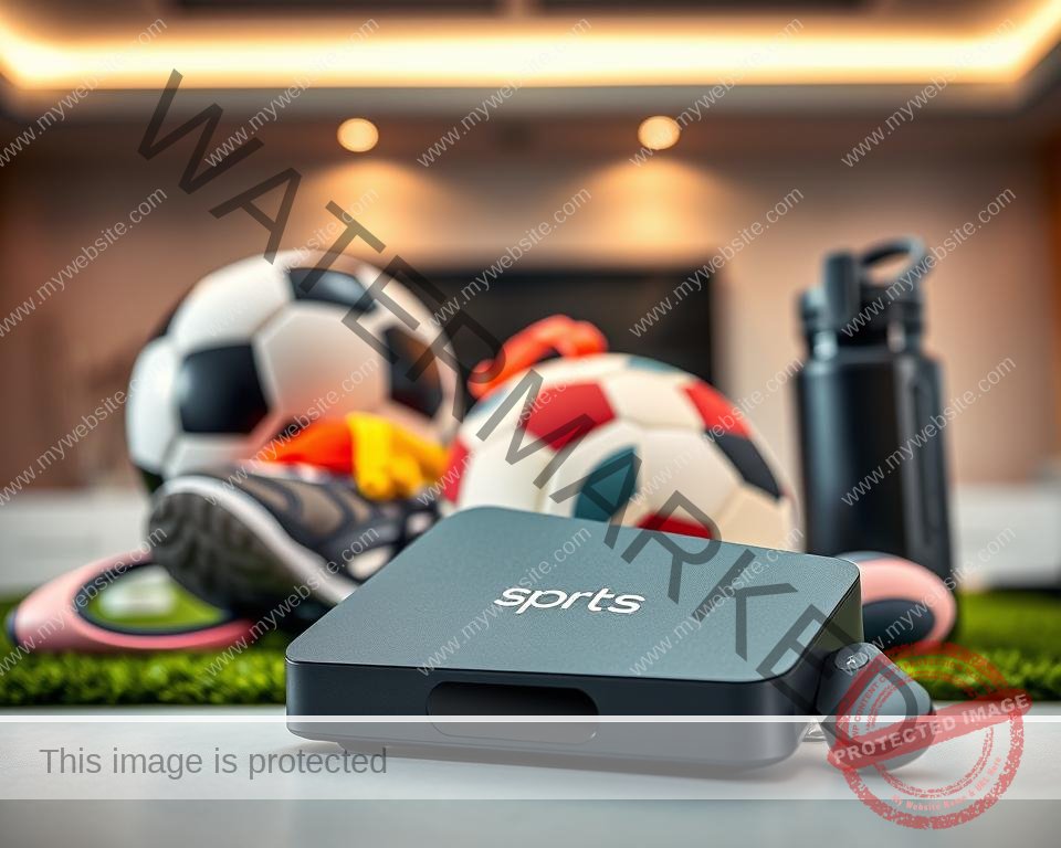 A vibrant, high-definition photograph of a sports subscription service in the UK. In the foreground, a sleek, modern device, such as a streaming box or smart TV remote, prominently displaying the IPTV service's logo and branding. Behind it, a collection of sports-themed items - a soccer ball, a pair of running shoes, and a water bottle - arranged artfully. The background features a clean, minimalist interior design, with neutral-toned walls and subtle lighting, creating a sense of sophistication and professionalism. The overall composition conveys the idea of a premium, high-quality sports entertainment service that caters to the needs of UK-based sports enthusiasts.