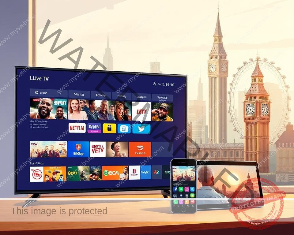 A vibrant, high-quality digital illustration depicting the benefits of a free IPTV test line in the UK. The foreground showcases a sleek, modern Smart TV displaying a range of live TV channels, streaming services, and on-demand content, reflecting the diverse entertainment options available with a free IPTV trial. The middle ground features a smartphone and tablet, symbolizing the flexibility and accessibility of free IPTV across multiple devices. In the background, a cityscape of London landmarks, such as the iconic Big Ben and the London Eye, creates a sense of place and emphasizes the UK-specific nature of the free IPTV trial. The lighting is crisp and natural, with warm hues adding to the inviting atmosphere. The overall composition conveys the convenience, entertainment value, and universal appeal of a free IPTV test line in the UK.