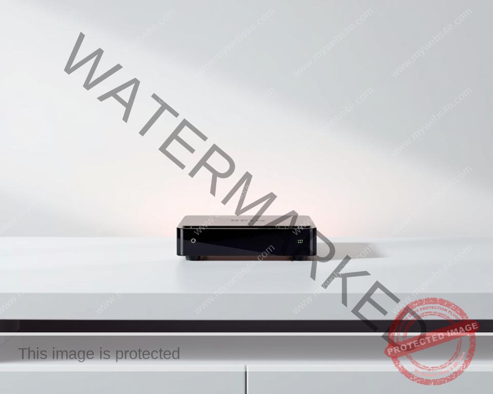 A vibrant, modern-looking IPTV device sitting prominently on a minimalist white table. The device has a sleek, angular design with a glossy black finish, accentuated by clean lines and subtle LED indicators. Soft, directional lighting illuminates the device, creating a sense of depth and highlighting its key features. The background is a simple, neutral gradient that allows the device to take center stage, emphasizing its compatibility and versatility for UK IPTV services. The overall composition conveys a sense of technology, reliability, and seamless connectivity.