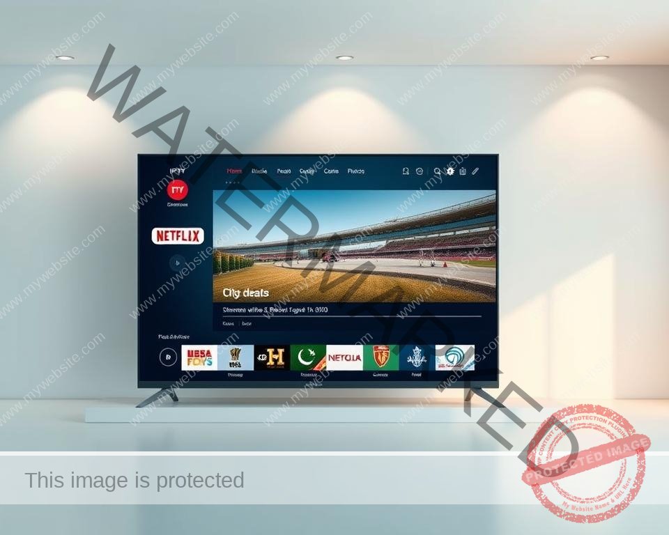 A visually appealing and intuitive IPTV interface set against a modern, minimalist backdrop. The foreground features a clean, responsive dashboard with easy-to-navigate menus, channel listings, and playback controls. The middle ground showcases a large, high-definition video player displaying crisp, seamless streaming content. The background is subtly blurred, maintaining focus on the user experience. Soft, indirect lighting creates a calming ambiance, while the overall design conveys a sense of simplicity, efficiency, and professionalism - an ideal reflection of a top-rated IPTV service in the UK.