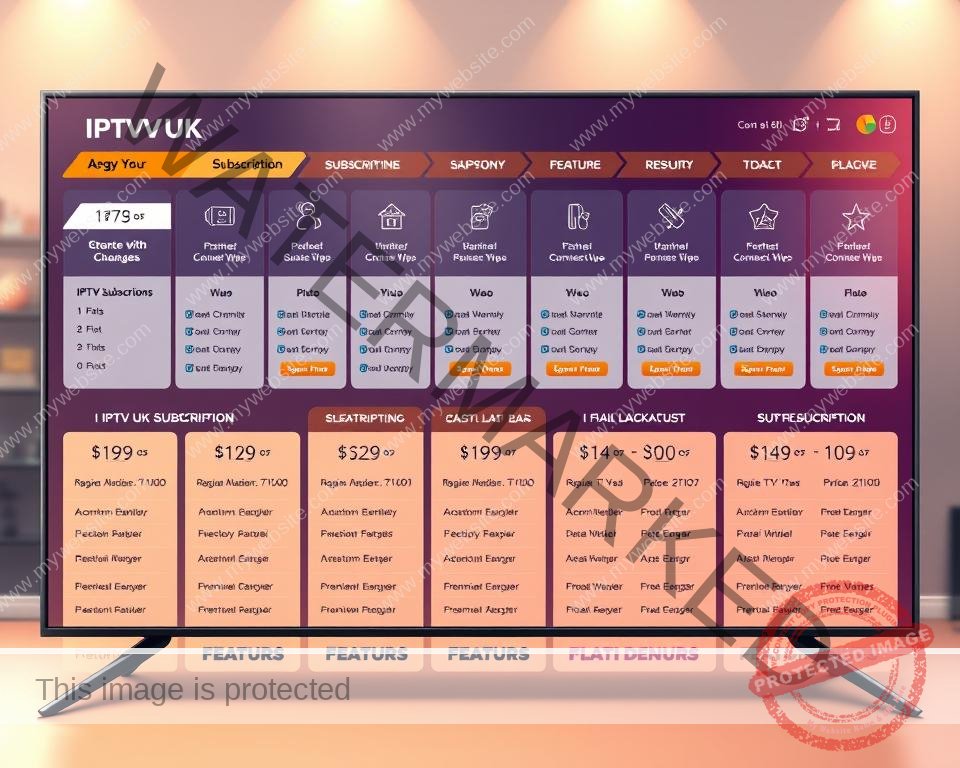 A visually striking digital illustration showcasing the comprehensive IPTV UK subscription packages. Crisp, clean user interface design with a sleek and modern aesthetic. Prominently featured are several subscription tiers and plan options, each with clear pricing, channel lineups, and feature details. The composition uses a balanced, grid-like layout to convey the breadth of offerings in an organized manner. Subtle use of brand colors and minimalist iconography enhances the overall professional and trustworthy impression. A warm, indirect lighting creates depth and highlights key information, while a soft, blurred background maintains focus on the central subscription details.