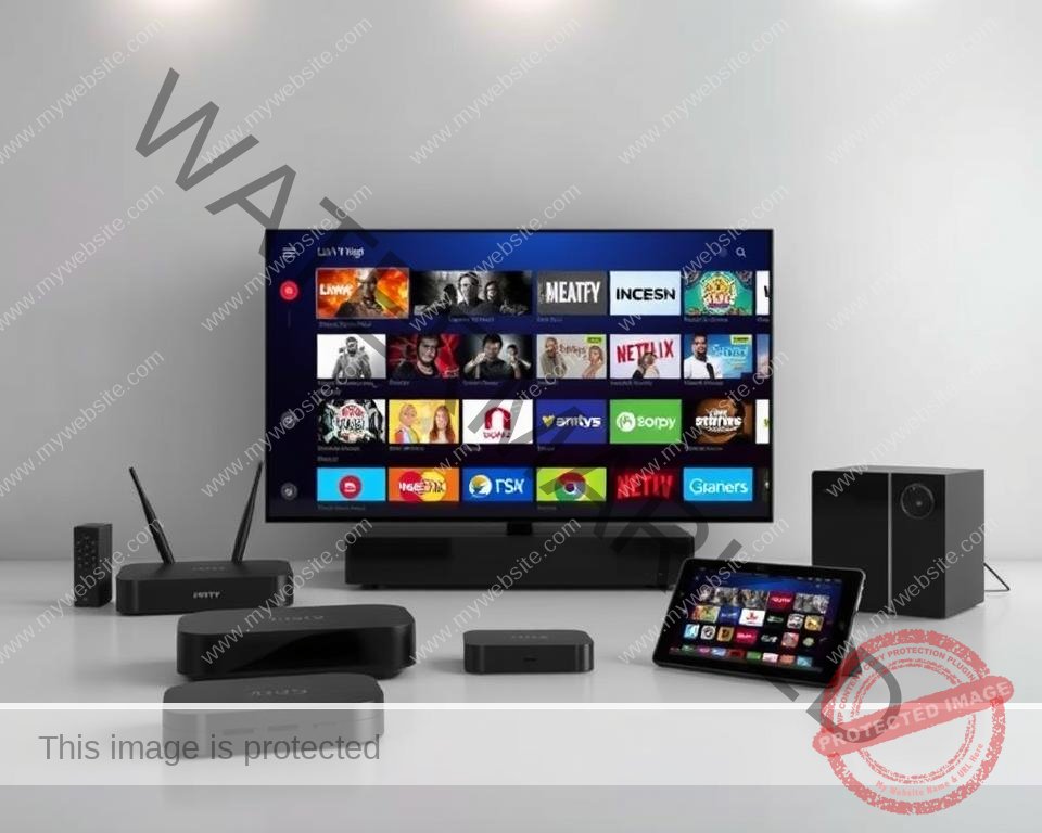 A visually striking image of "UK IPTV Service Highlights" showcasing an array of modern devices against a sleek, minimalist backdrop. In the foreground, a high-end smart TV takes center stage, its screen displaying a vibrant, curated selection of live TV channels and on-demand content. Surrounding it, a neatly arranged collection of devices, including a state-of-the-art streaming box, a powerful router, and a user-friendly remote control, all in a harmonious color palette of blacks, grays, and metallic accents. The middle ground features a tablet or smartphone, showcasing the intuitive user interface and easy access to a vast library of entertainment options. The background is a clean, uncluttered space, with subtle lighting that accentuates the sleek, modern aesthetic and conveys a sense of sophistication and convenience. The overall composition should evoke a feeling of effortless accessibility to a comprehensive, premium IPTV service.