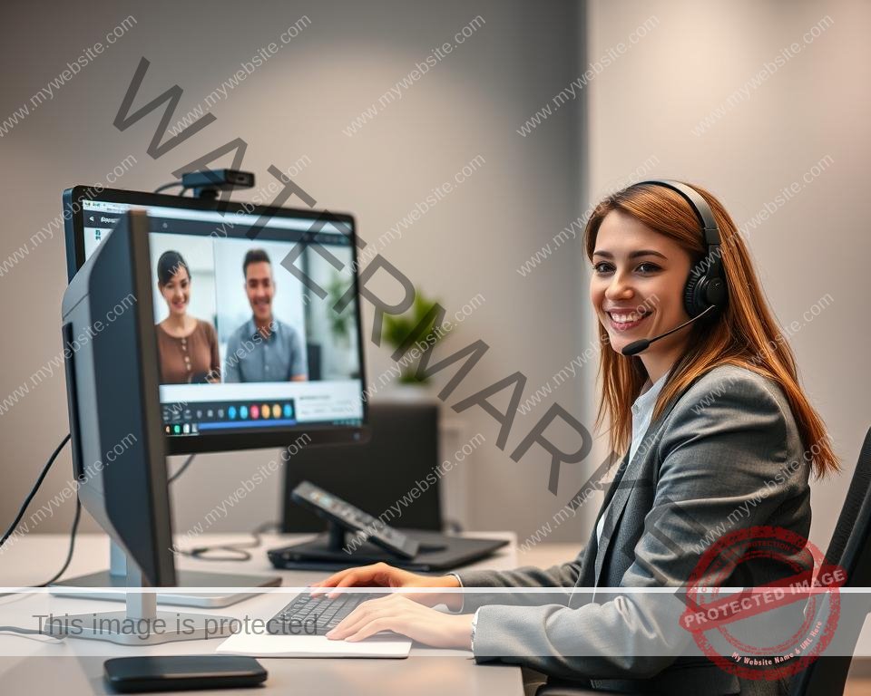 A well-equipped customer support desk with a professional staff member assisting a customer via video chat. The desk features modern technology, including a high-resolution monitor, microphone, and webcam. The staff member has a friendly, attentive expression and is wearing a smart casual outfit. The background is a clean, minimalist office space with muted colors and subtle lighting, creating a calm and efficient atmosphere. The overall scene conveys a sense of reliable, personalized customer service.