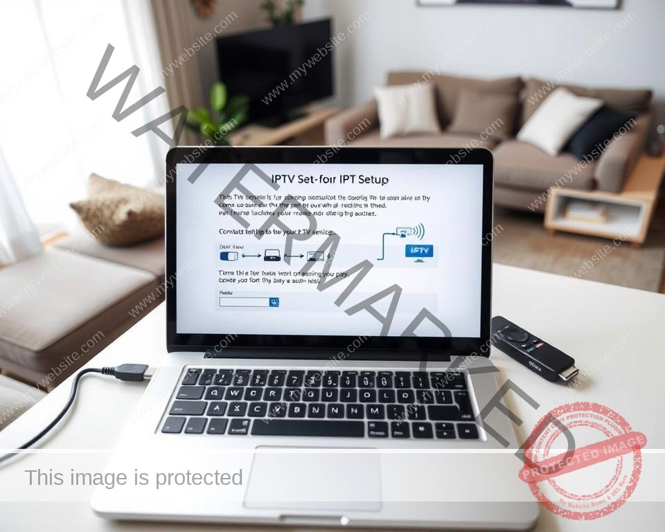 A well-lit, high-angle view of an IPTV setup process. In the foreground, a laptop or tablet screen displays step-by-step instructions for connecting an IPTV service. The middle ground shows various cables, adapters, and a streaming device like a Roku or Android TV box. The background features a cozy, modern living room setting with a comfortable sofa and minimal decor, conveying a sense of ease and simplicity. The overall atmosphere is one of clarity, guidance, and accessibility, reflecting the straightforward nature of the IPTV subscription setup.