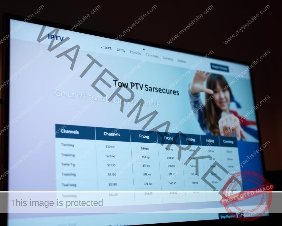 A well-lit, high-quality image of a modern IPTV service website showcasing the subscription plans and pricing structure for UK customers. The website has a clean, minimalist design with a hero section highlighting the main offerings, and a pricing table clearly outlining the different tiers, channels, and costs. The background is a subtle gradient or texture, placing the focus on the website interface. The overall tone is professional, informative, and visually appealing, conveying the reliability and value of the IPTV service.