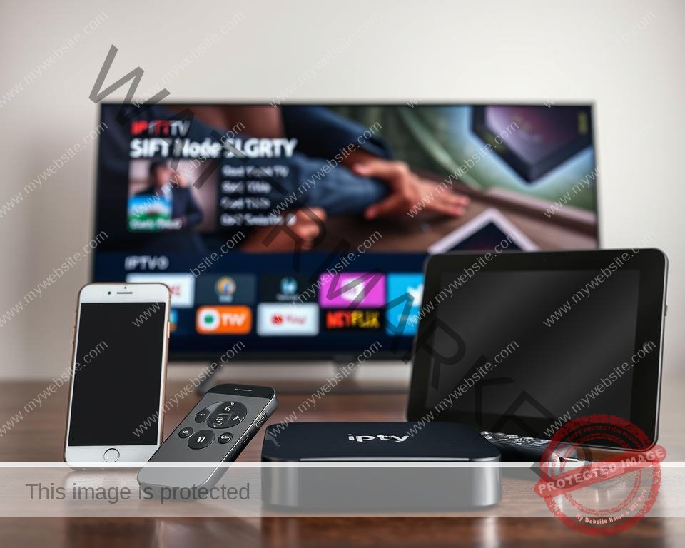 A well-lit, high-resolution image showcasing an assortment of IPTV-compatible devices, including a smart TV, streaming box, smartphone, and tablet, arranged in a dynamic, visually appealing composition. The devices are displayed prominently, with clean, modern styling and minimal background distractions, emphasizing their compatibility and suitability for an IPTV setup. The lighting is soft and even, highlighting the sleek, high-tech design of the gadgets. The overall mood is one of technological sophistication and seamless integration, reflecting the versatility and accessibility of IPTV in the modern connected home.