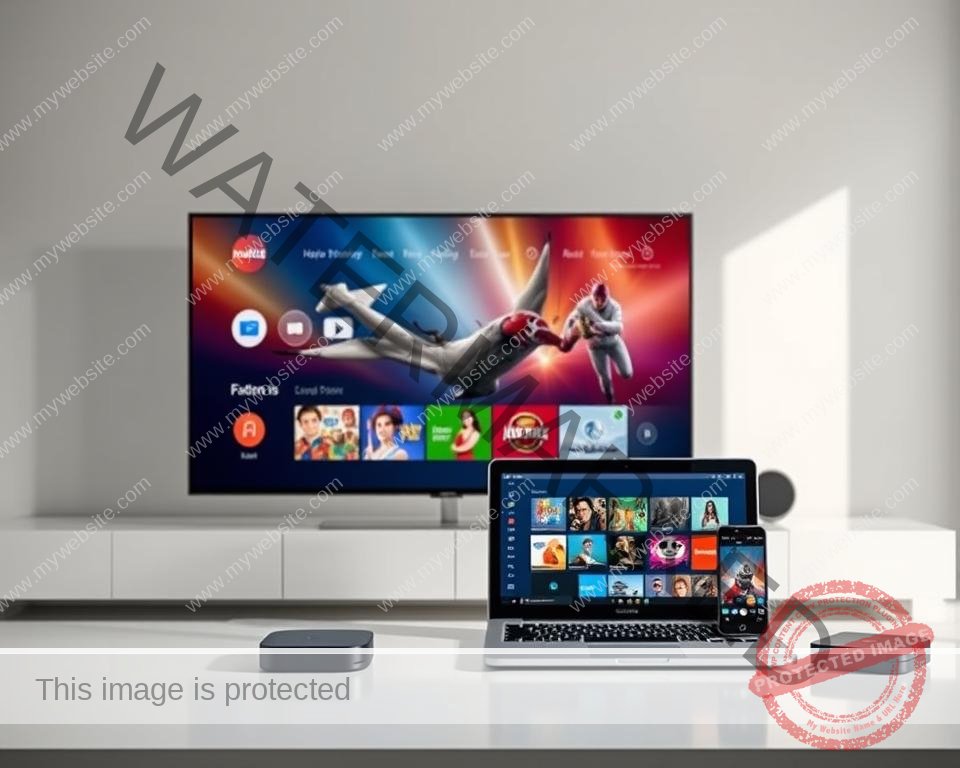 A well-lit, high-resolution setup showcasing the versatility of Xtreme HD IPTV on various devices. In the foreground, a sleek smart TV displaying the IPTV interface, its vibrant colors and crisp visuals capturing the viewer's attention. In the middle ground, a modern laptop and a tablet, both seamlessly integrated with the IPTV service, offering a range of content and user-friendly controls. In the background, a smartphone and a streaming box, further demonstrating the comprehensive compatibility of the Xtreme HD IPTV solution across a diverse array of devices. The scene radiates a sense of technological sophistication and convenience, inviting the viewer to envision the effortless transition of their home entertainment experience.