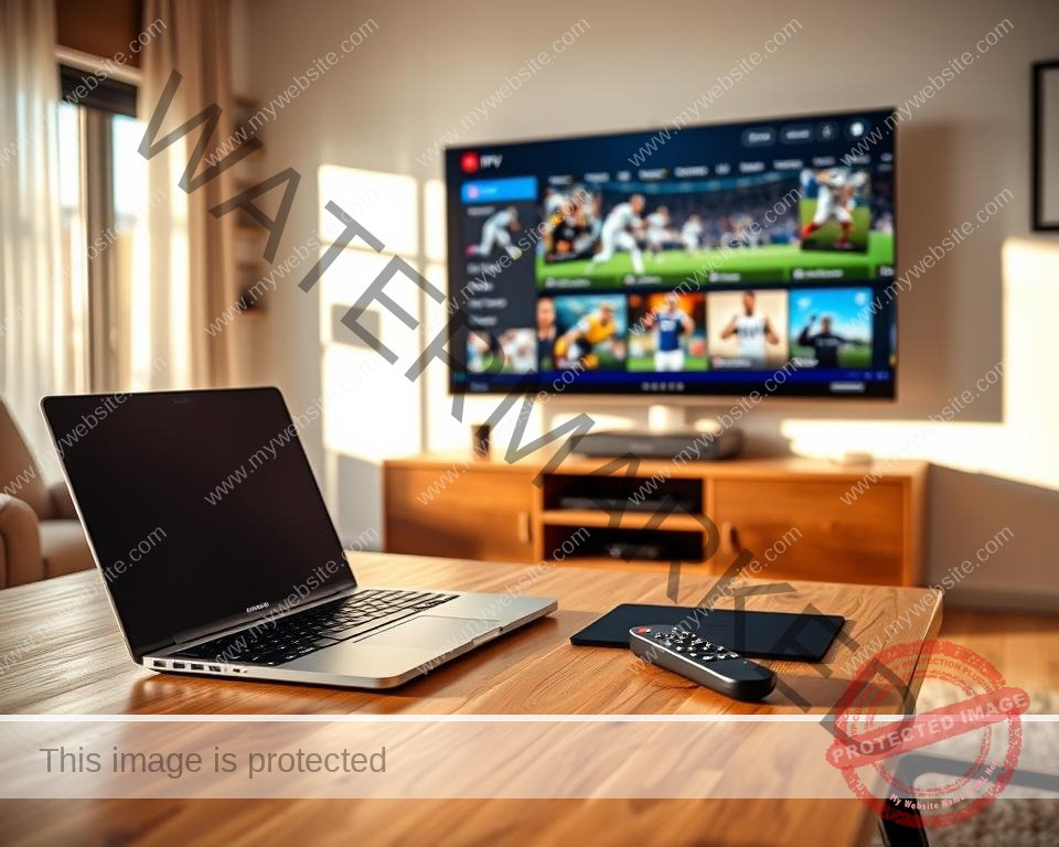 A well-lit modern home office setup with a laptop, tablet, and remote control prominently displayed on a tidy wooden desk. In the background, a large television screen showcases the IPTV interface with sports channels and content. The room is bathed in warm, natural lighting, creating a cozy and inviting atmosphere for a sports viewing experience. The overall composition suggests a streamlined and effortless process for setting up and accessing the best IPTV sports content in the UK.