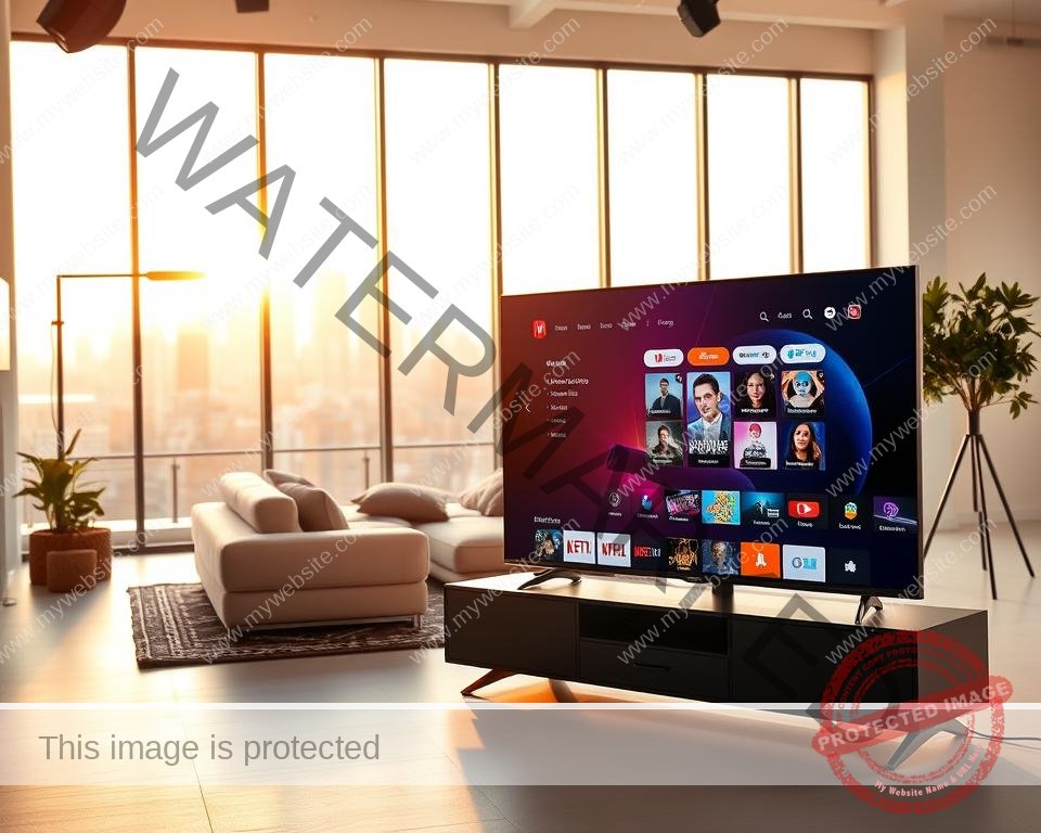 A well-lit, modern studio setting showcasing the best internet streaming service. In the foreground, a sleek, high-end smart TV displays a vibrant, cinematic user interface. Surrounding the TV, a minimalist entertainment center with clean lines and premium materials. In the middle ground, a cozy living room setup with plush seating and warm lighting, creating an inviting atmosphere for seamless streaming. The background features large windows overlooking a cityscape, bathed in golden hour sunlight. The overall scene conveys a sense of technological sophistication, comfort, and the ultimate in-home entertainment.