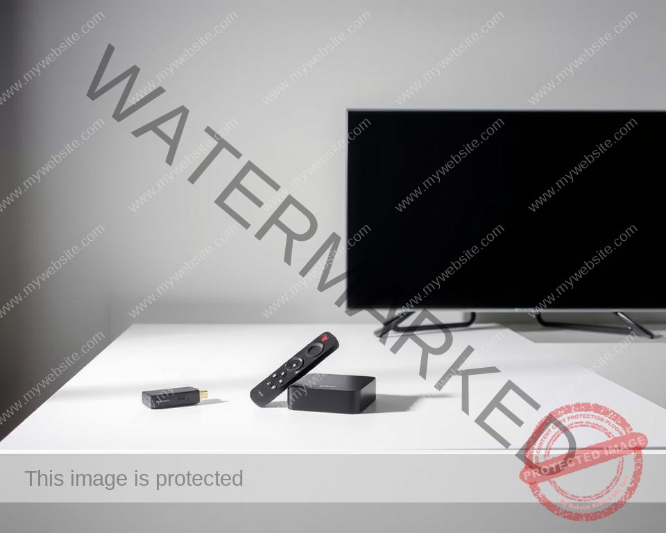 A well-lit studio scene showcasing a range of UK TV streaming devices, including a sleek black smart TV, a compact HDMI streaming dongle, and a voice-controlled media player remote. The devices are neatly arranged on a minimalist white table, casting subtle shadows that create depth and dimension. The lighting is soft and even, highlighting the clean lines and modern designs of the products. The background is a simple, neutral gray, allowing the devices to take center stage and emphasize their functionality and compatibility for enjoying live UK TV content anywhere.