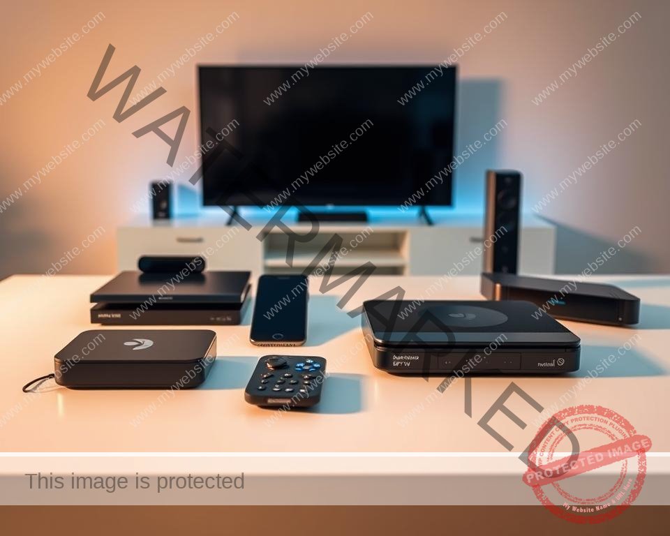 An array of diverse IPTV-compatible devices arranged neatly on a minimalist white tabletop, bathed in warm, soft lighting that highlights their sleek, modern designs. In the foreground, a streaming box, gaming console, and smart TV remote stand out, while in the middle ground, a smartphone and tablet are displayed alongside a compact media player. The background features a subtle gradient, creating a sense of depth and drawing the viewer's attention to the curated collection of devices. The overall composition conveys a sense of technological sophistication and the versatility of IPTV solutions for the modern home entertainment setup.