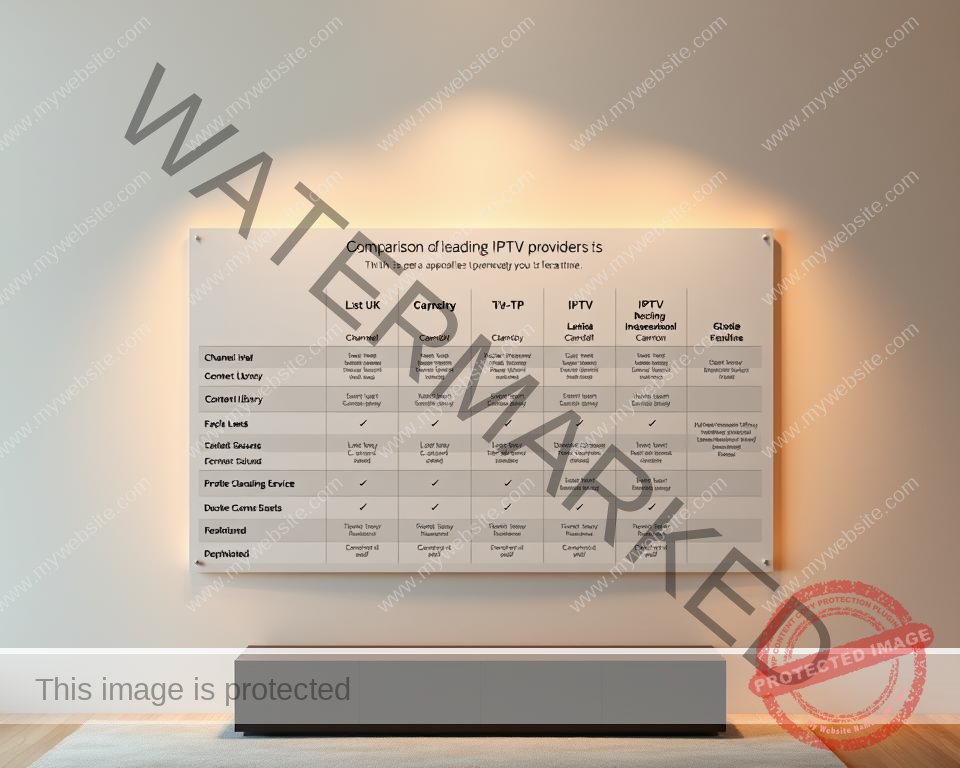 An elegant, minimalist data visualization showcasing a comparison chart of leading IPTV service providers. The chart is presented against a soft, muted backdrop, with a clean and modern aesthetic. The channels, content library, and key features of each service are displayed in a clear, organized manner, allowing for easy comparison. Warm, diffused lighting illuminates the chart, creating a professional, informative atmosphere. The composition is balanced, with the chart as the focal point, surrounded by subtle gradients or simple geometric shapes to frame the content. The overall tone is one of authoritative expertise, guiding the viewer through the nuances of the IPTV market.