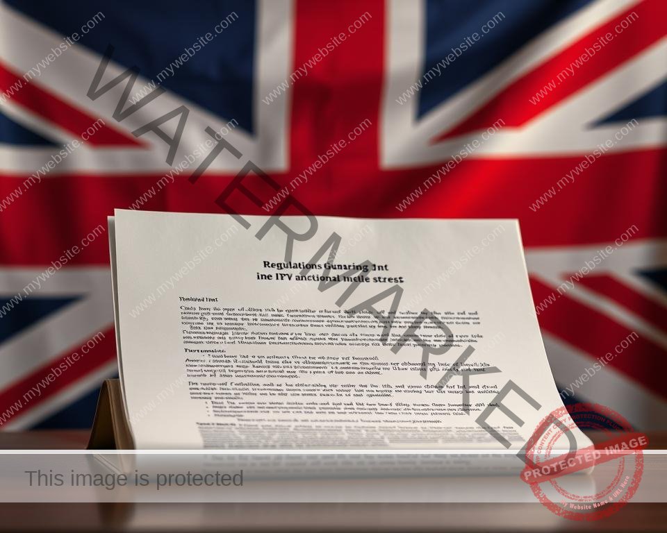 An elegantly designed legal document against a backdrop of the British flag, showcasing the regulations governing IPTV services in the UK. The document is prominently displayed, its pages crisp and meticulously detailed, casting a warm glow from carefully positioned studio lighting. The Union Jack flag in the background provides a patriotic and authoritative setting, complementing the formal and official nature of the subject matter. The composition is balanced, with the document occupying the central focus and the flag framing it in a way that conveys a sense of national oversight and compliance. The overall mood is one of professionalism, attention to detail, and adherence to the rule of law.
