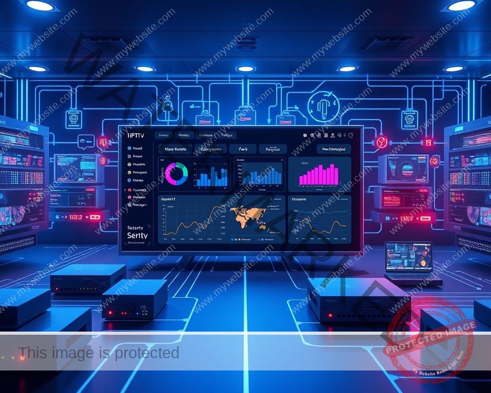 An expansive IPTV security solution overview rendered in a sleek, modern style. A central dashboard interface with intuitive controls, graphs, and visualizations highlighting key security metrics and monitoring features. Surrounding it, modular security components like firewalls, encryption modules, and access management tools, all interconnected and pulsing with activity. The scene is bathed in a cool, blue-tinted lighting that conveys a sense of professionalism and technological sophistication. The overall composition emphasizes the comprehensive, cohesive nature of the security solution, ready to safeguard any IPTV service.