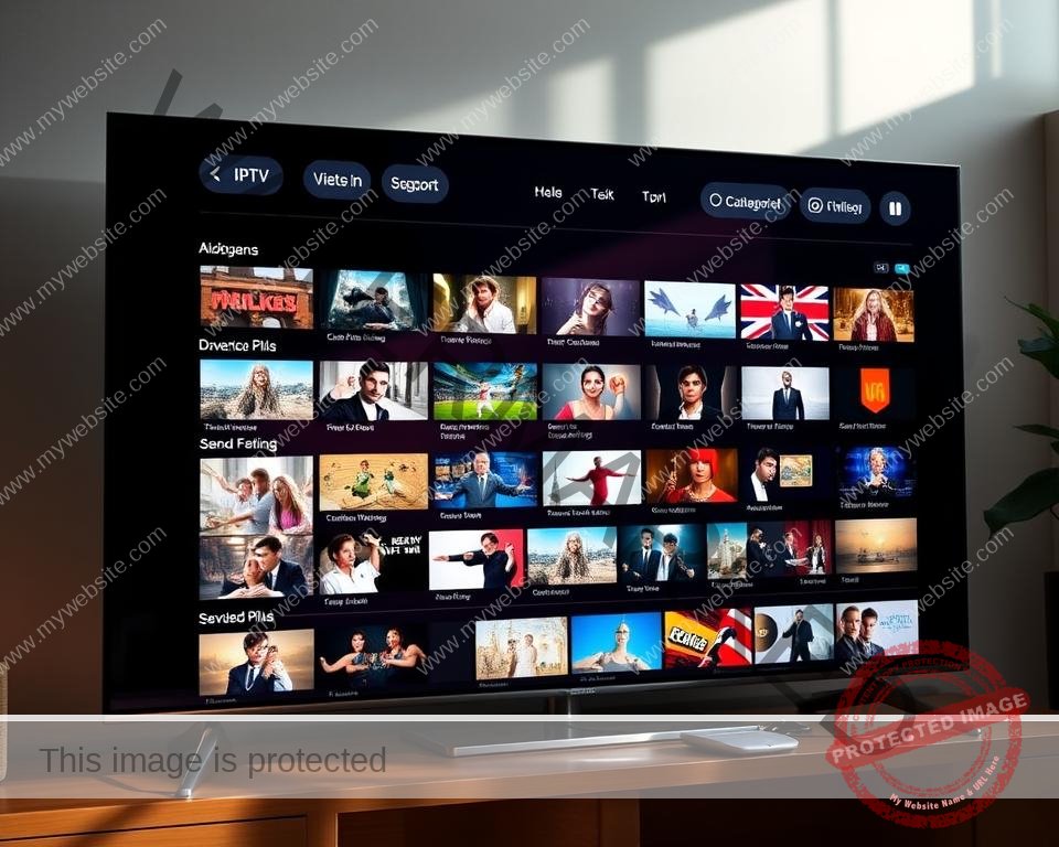Elegant IPTV UK channels interface, sleek user dashboard with vibrant app icons, intuitively organized content categories. Soft, natural lighting illuminates the display, creating a refined, inviting atmosphere. High-quality video thumbnails and streamlined navigation provide an immersive viewing experience. Thoughtful layout and design elements enhance the overall aesthetic, reflecting a premium, cutting-edge platform. Convey a sense of sophistication, efficiency, and user-centric focus through this visually captivating scene.