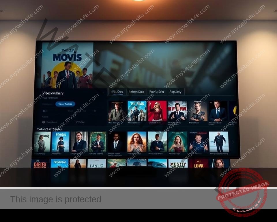 Prompt A modern, sleek IPTV Video-on-Demand library interface, with a clean and intuitive layout. The foreground showcases a grid of movie and TV show thumbnails, each with a crisp, high-resolution image and subtle text overlay. The middle ground features a minimalist navigation menu with options to browse by genre, release date, and popularity. The background is a soft, out-of-focus gradient, creating a sense of depth and focus on the content. Subtle lighting from above casts a warm, cinematic glow, and the camera angle is slightly elevated to give a dynamic, professional perspective. The overall mood is one of accessibility, discovery, and entertainment.