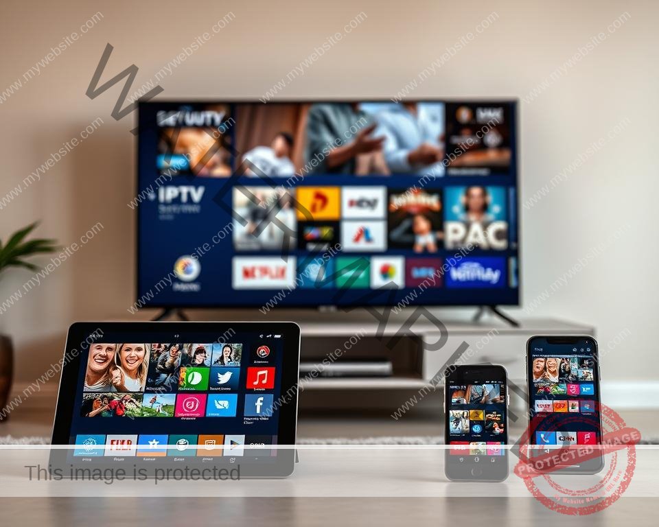 Prompt A sleek, modern multi-device setup displaying various IPTV services on different screens, showcasing seamless compatibility and cross-platform integration. In the foreground, a smart TV, tablet, and smartphone are neatly arranged, each displaying vibrant, high-quality IPTV content. The middle ground features a minimalist entertainment center with clean lines and a subtle industrial aesthetic. The background softly fades into a warm, neutral-toned living room, conveying a sense of comfort and ease of use. Subtle lighting accents the devices, highlighting their versatility and the overall cohesive, user-friendly experience.